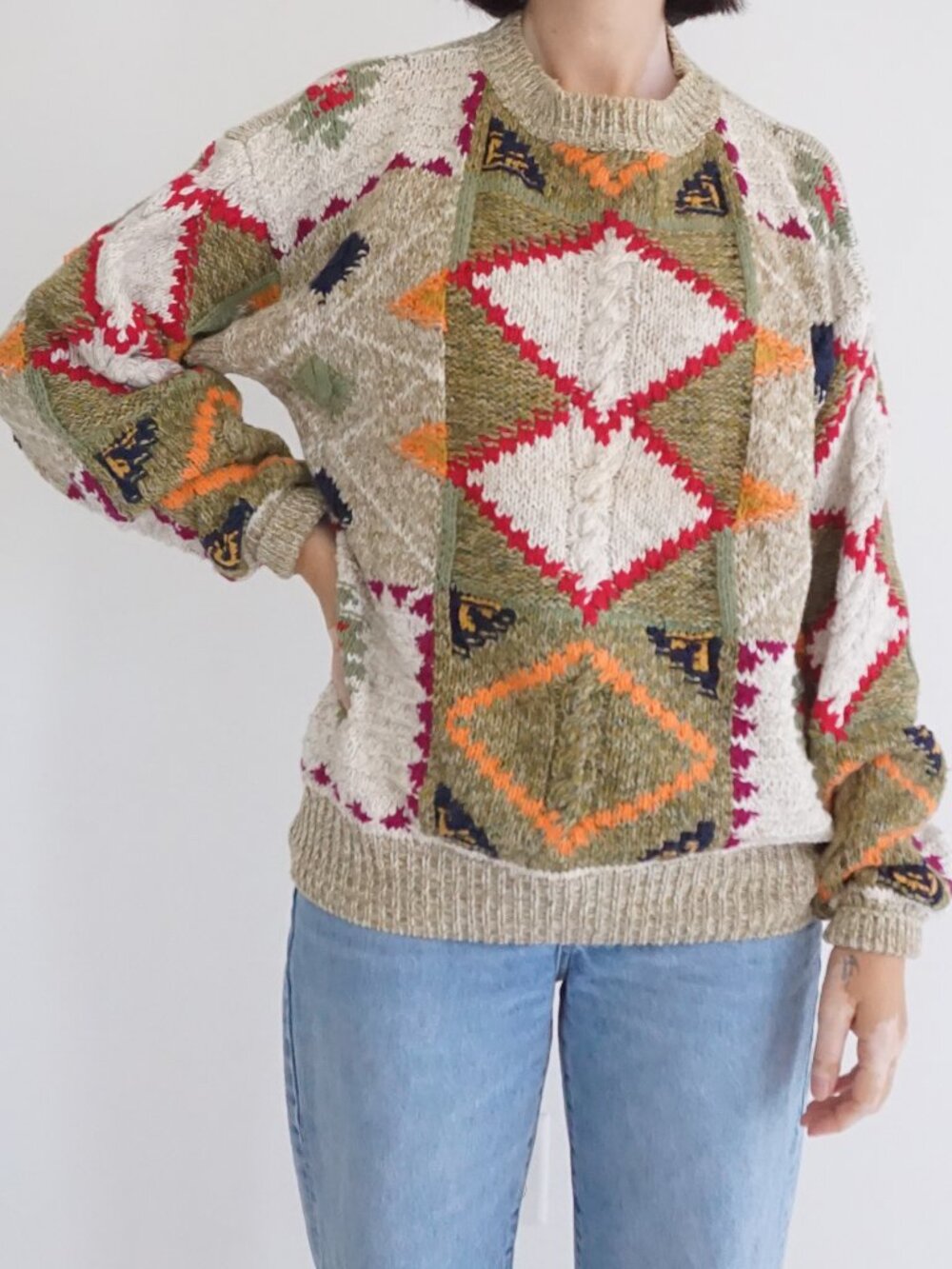 Vintage Private Club Beige Diamond Geometric Textured Knit Preppy Sweater S